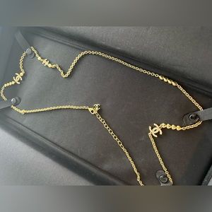 CHANEL golden crystal CC long necklace with tags box bag and ribbon